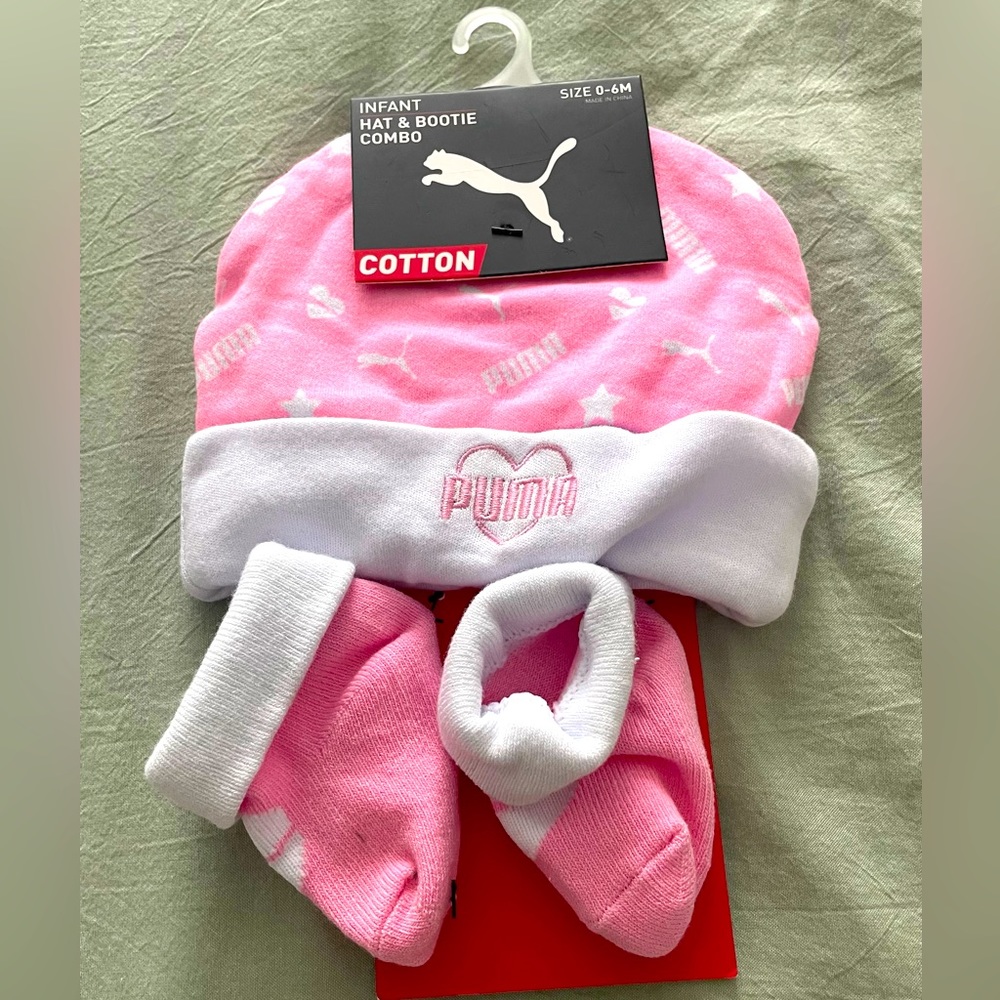 Puma Infant Hat & Booties Combo, 0-6 Months, Pink & White